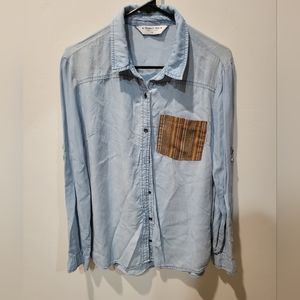 Celebrity Pink Button Down Patchwork denim shirt. Size Medium